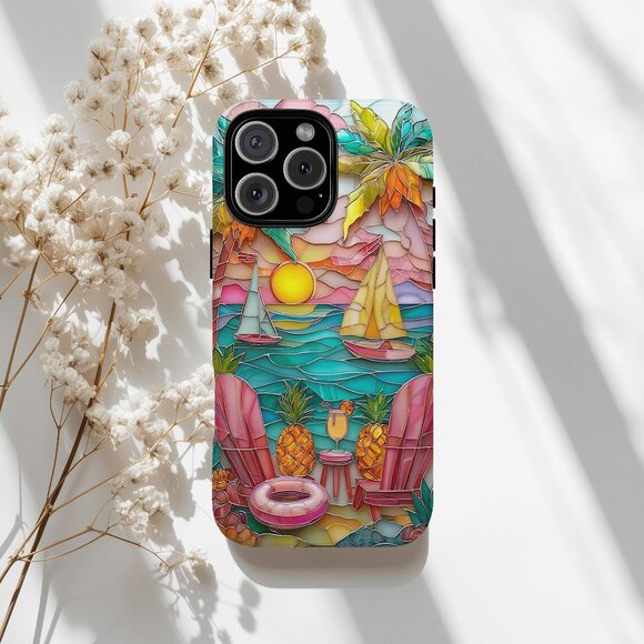 Tropical Stained Glass Luxe IPhone 16,15,14,13 (Pro Max,Pro,Plus) Phone Case - Picture 1 of 14